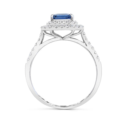 Emerald Cut Sapphire & 5/8 ct. tw. Diamond Double Halo Split Shank Ring in 14K White Gold close-up detail