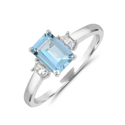 Emerald Cut Aquamarine & Tapered Baguette White Sapphire Ring in 14K White Gold front view