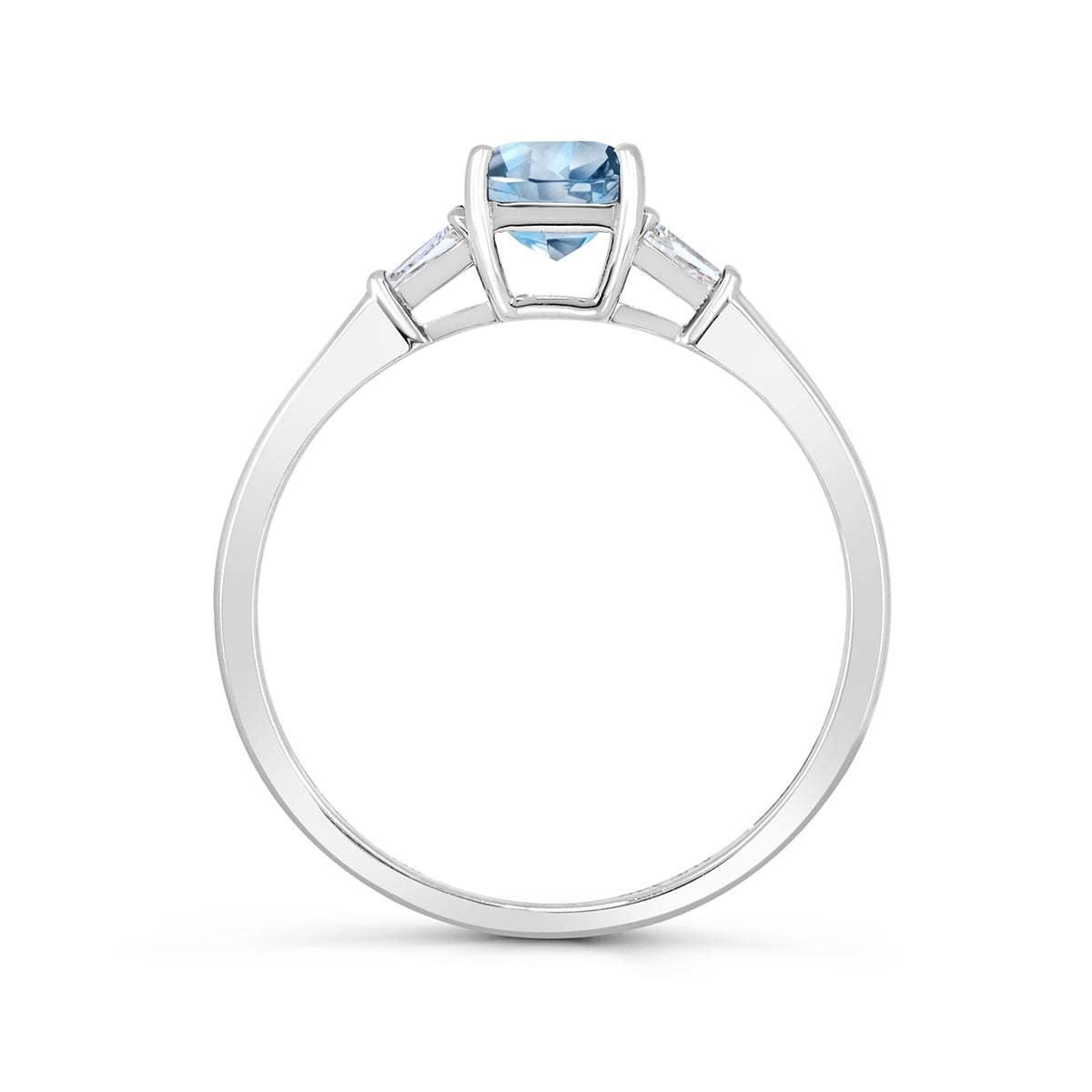 Emerald Cut Aquamarine & Tapered Baguette White Sapphire Ring in 14K White Gold close-up detail
