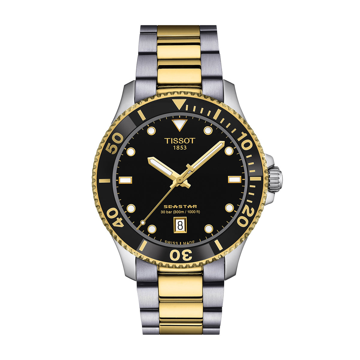 two-tone stainless steel men's Tissot Seastar quartz watch with black dial