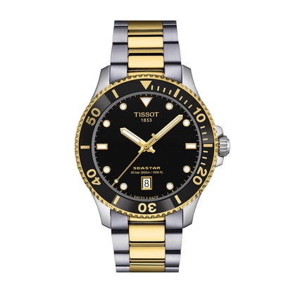 two-tone stainless steel men's Tissot Seastar quartz watch with black dial