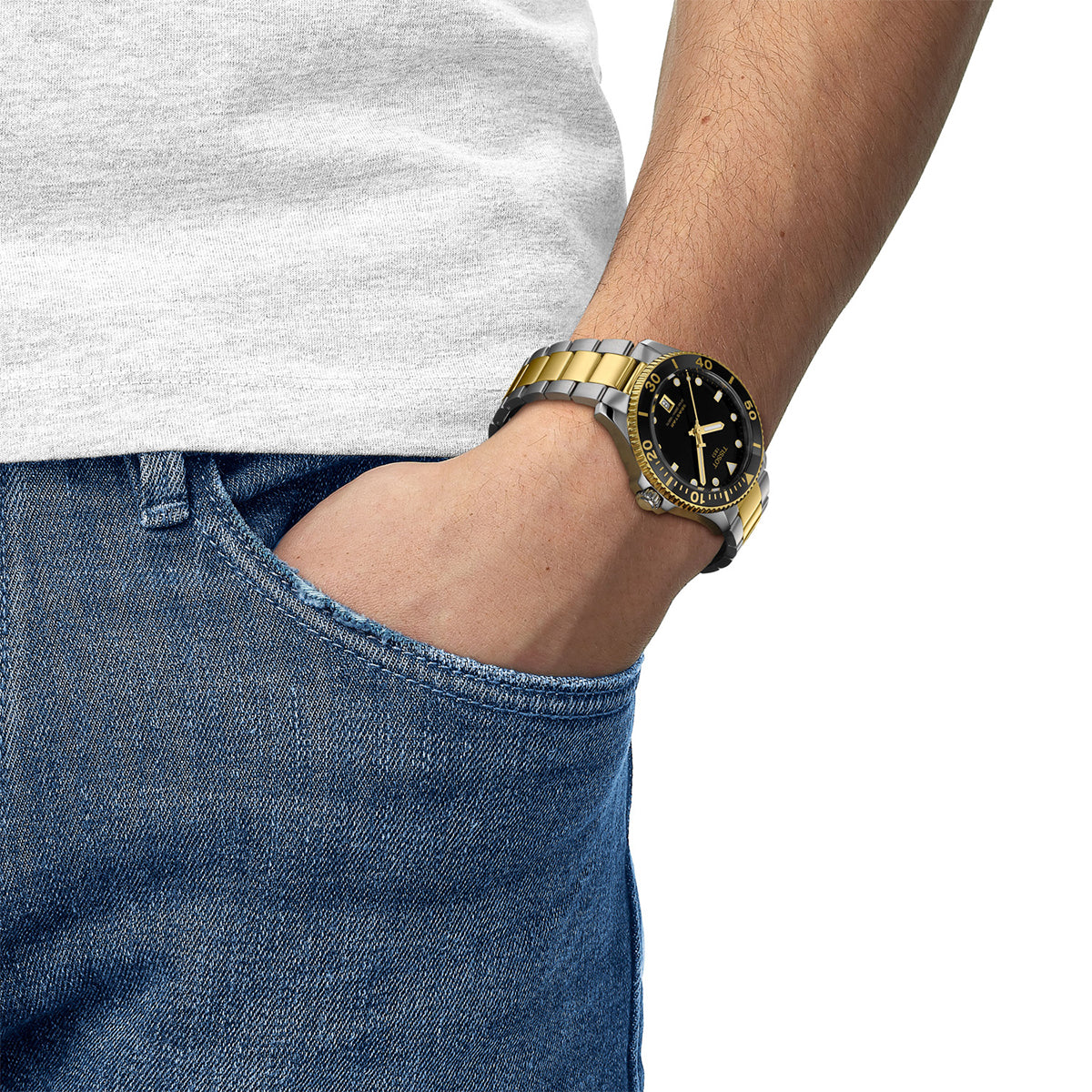 two-tone stainless steel men's Tissot Seastar quartz watch with black dial