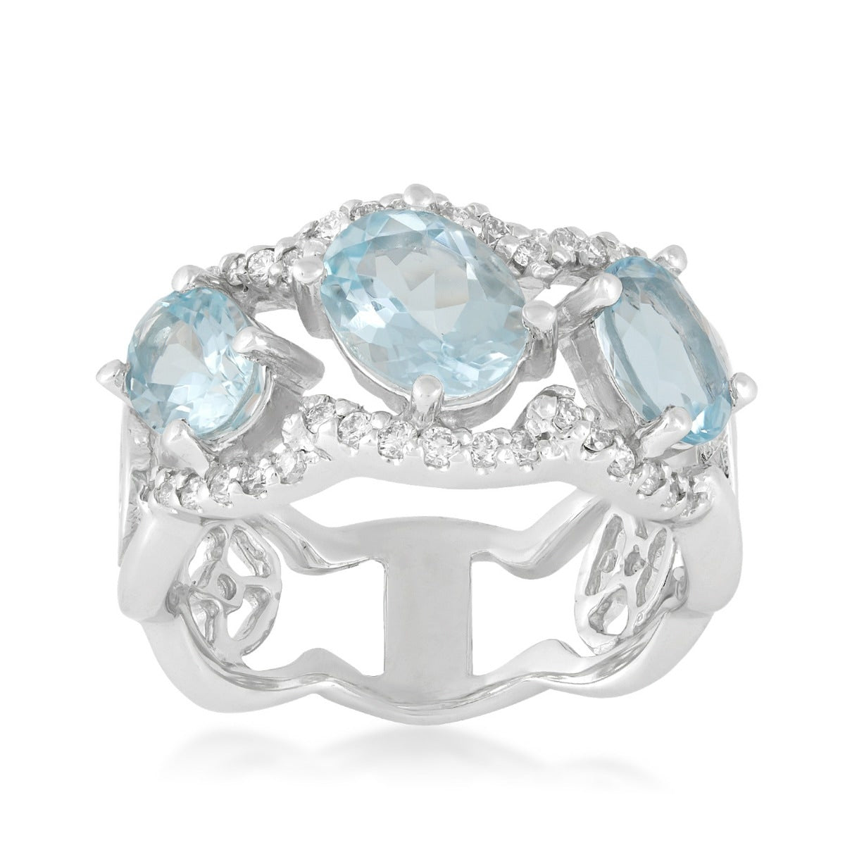 Oval 3-Stone Aquamarine & 1/3 ct. tw. Diamond Scalloped Ring in 14K White Gold