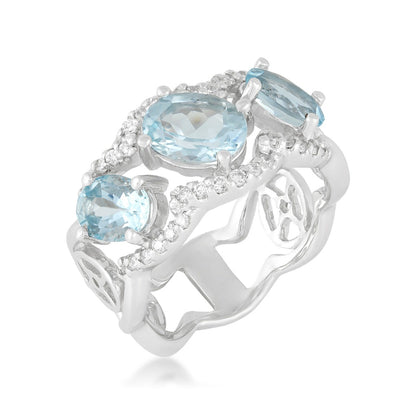 Oval 3-Stone Aquamarine & 1/3 ct. tw. Diamond Scalloped Ring in 14K White Gold front view
