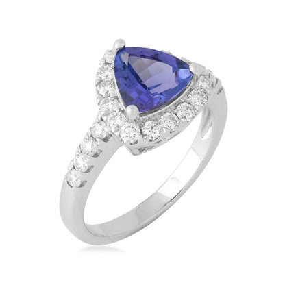 Trillion Tanzanite & 3/4 ct. tw. Diamond Halo Ring in 14K White Gold front view