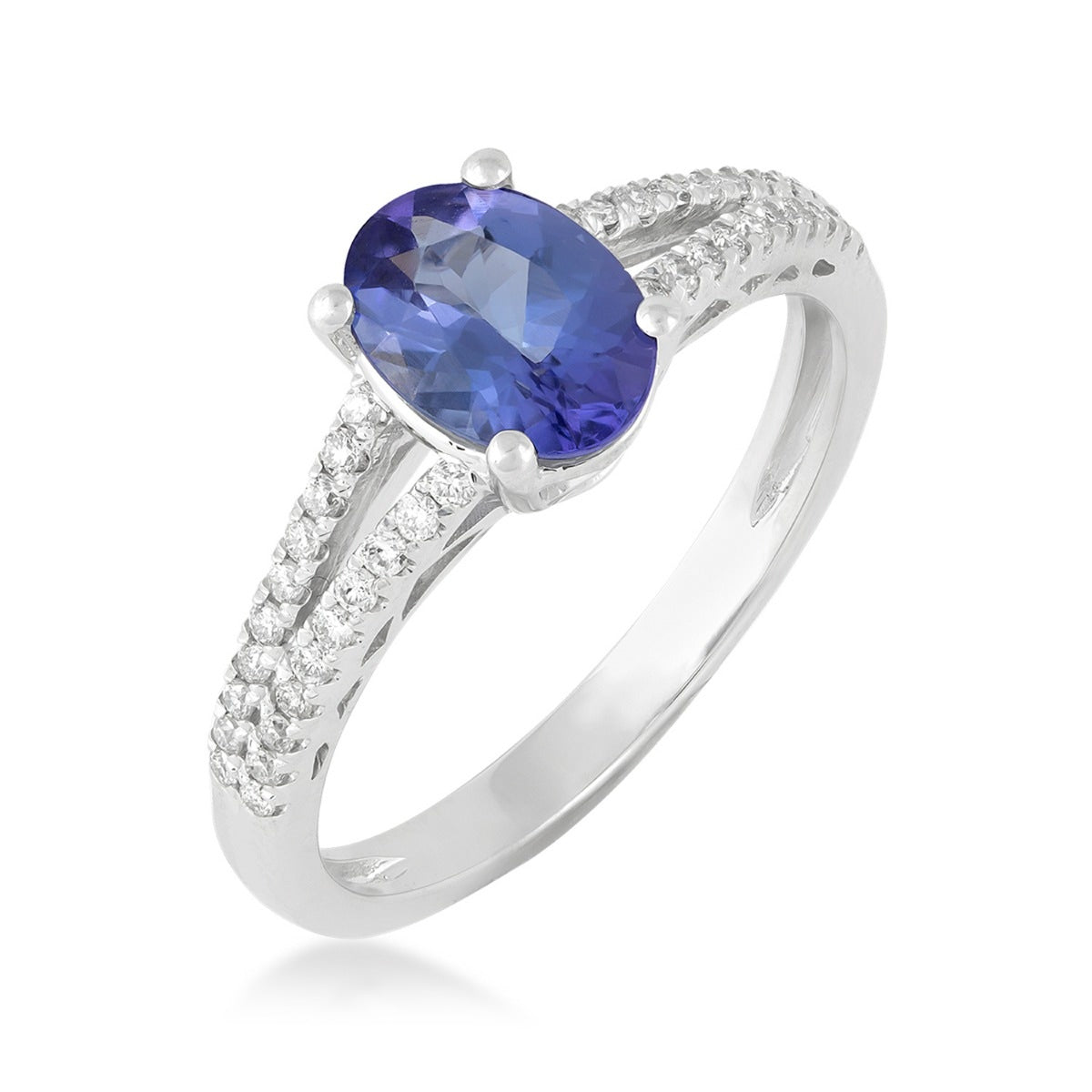 Oval Tanzanite & 1/6 ct. tw. Diamond Split Shank Ring in 14K White Gold front view