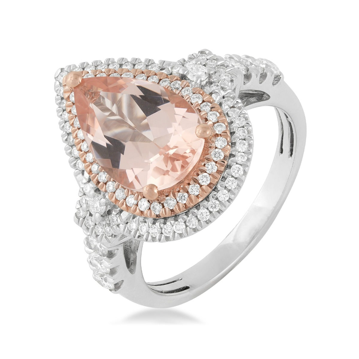 Pear Morganite & 1/2 ct. tw. Diamond Double Halo Ring in 14K White & Pink Gold front view