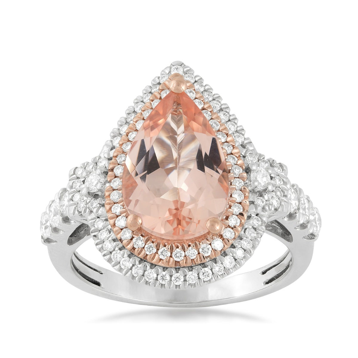 Pear Morganite & 1/2 ct. tw. Diamond Double Halo Ring in 14K White & Pink Gold