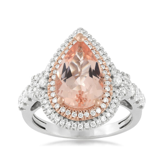 Pear Morganite & 1/2 ct. tw. Diamond Double Halo Ring in 14K White & Pink Gold