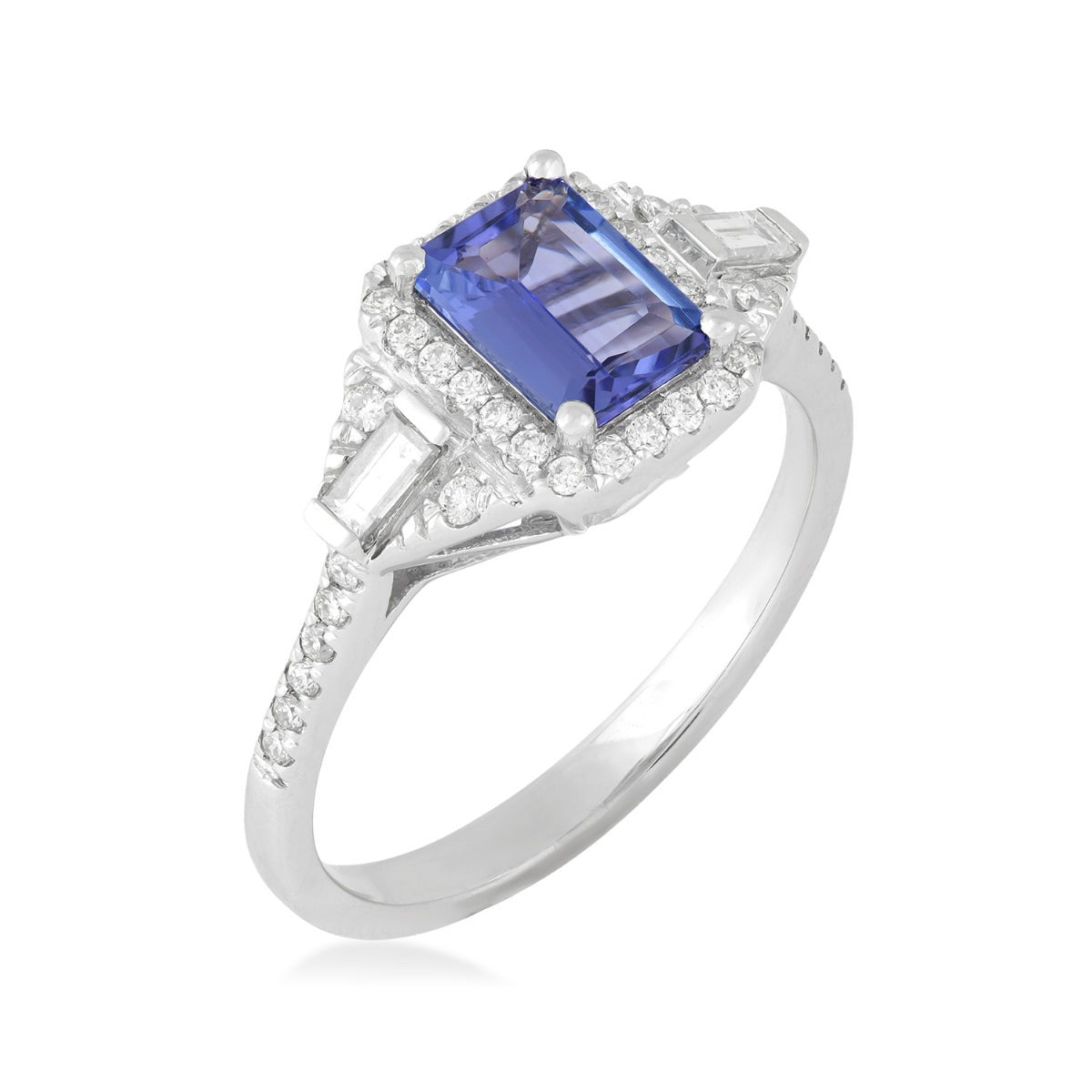 Emerald Cut Tanzanite & 1/3 ct. tw. Baguette & Round Diamond Halo Ring in 14K White Gold front view