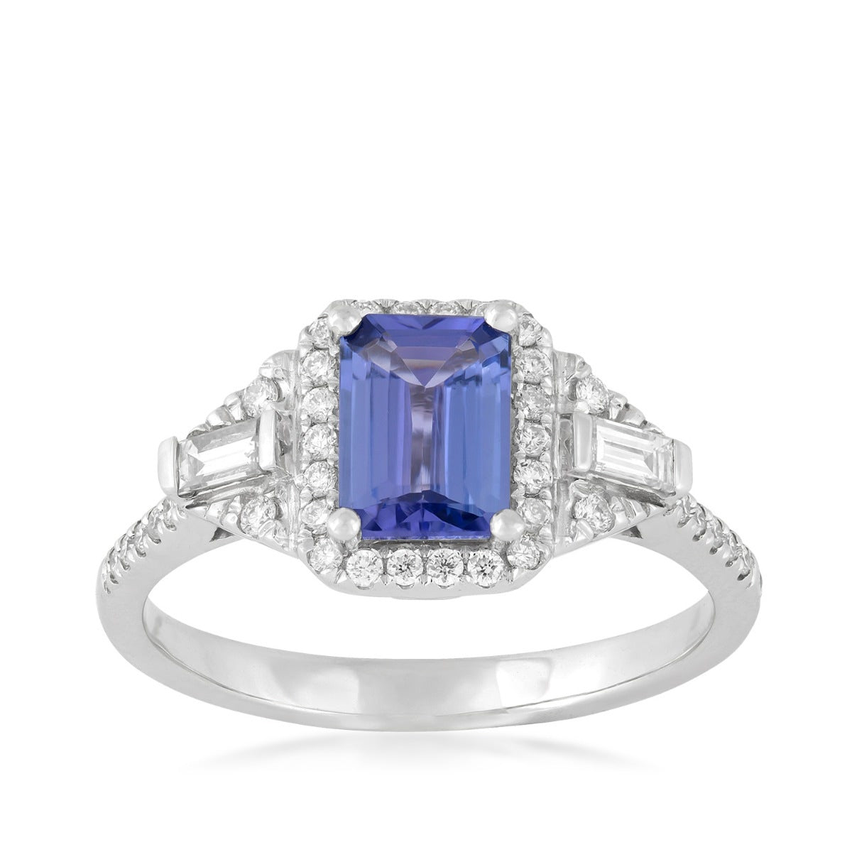 Emerald Cut Tanzanite & 1/3 ct. tw. Baguette & Round Diamond Halo Ring in 14K White Gold
