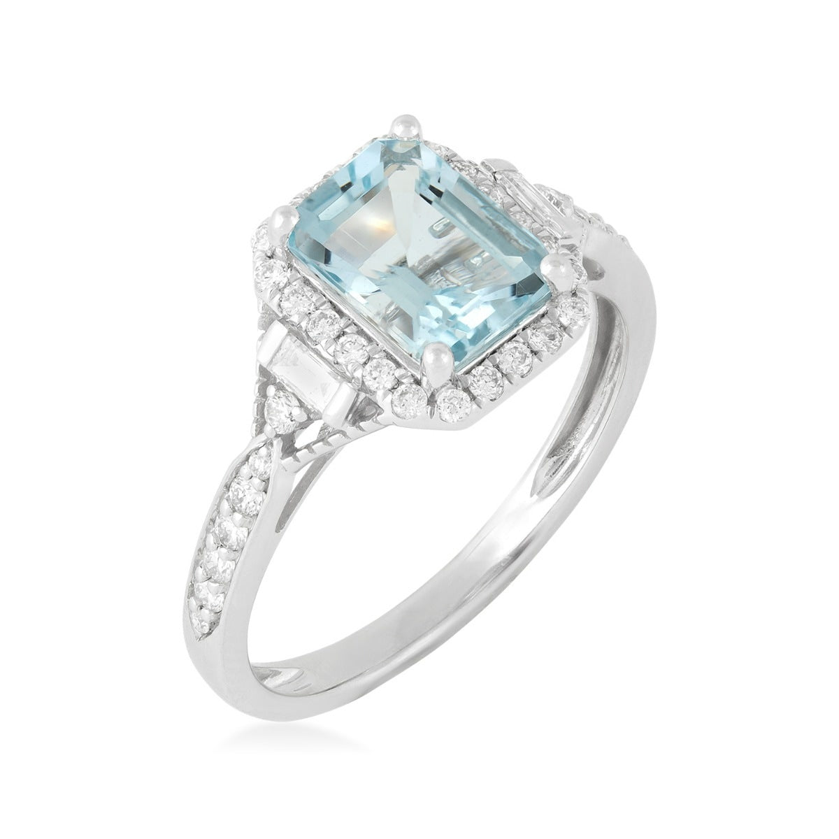 Emerald Cut Aquamarine & 1/3 ct. tw. Diamond Halo Ring in 14K White Gold front view