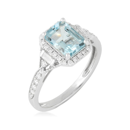 Emerald Cut Aquamarine & 1/3 ct. tw. Diamond Halo Ring in 14K White Gold front view
