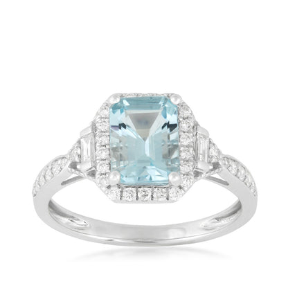 Emerald Cut Aquamarine & 1/3 ct. tw. Diamond Halo Ring in 14K White Gold