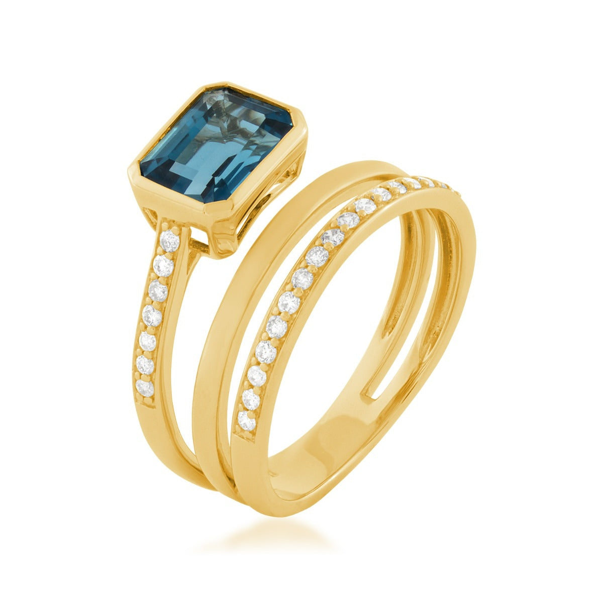 Emerald Cut London Blue Topaz & 1/5 ct. tw. Diamond Wrap Ring in 14K Yellow Gold front view