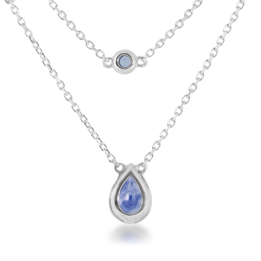 Pear & Round Sapphire & 1/5 ct. tw. Diamond Bezel Set Station Layered Necklace in 18K White Gold front view