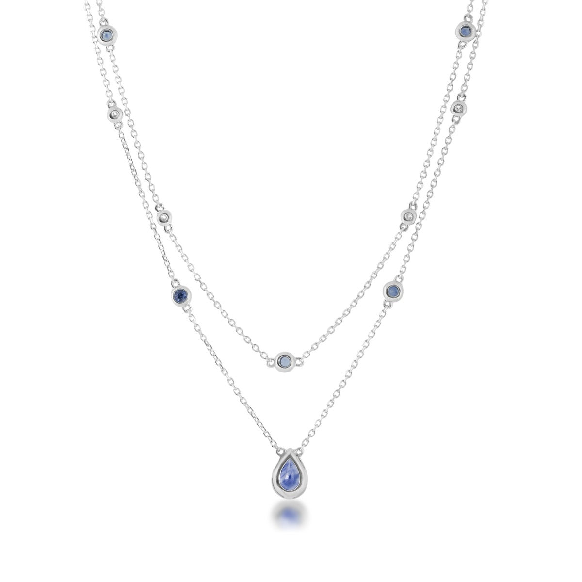 Pear & Round Sapphire & 1/5 ct. tw. Diamond Bezel Set Station Layered Necklace in 18K White Gold