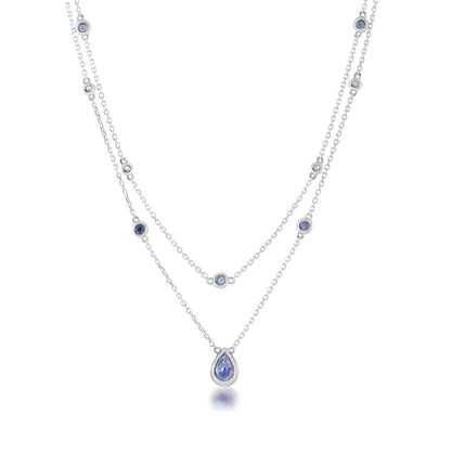 Pear & Round Sapphire & 1/5 ct. tw. Diamond Bezel Set Station Layered Necklace in 18K White Gold