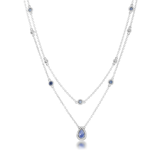 Pear & Round Sapphire & 1/5 ct. tw. Diamond Bezel Set Station Layered Necklace in 18K White Gold