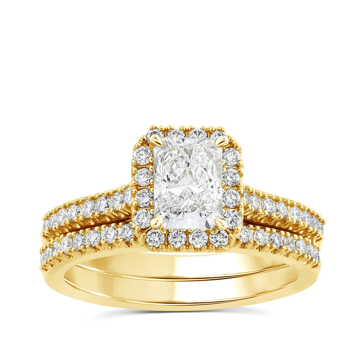 Adamante 1-5/8 ct. tw. Lab-Grown Radiant Cut Diamond Halo Wedding Set in 14K Yellow Gold