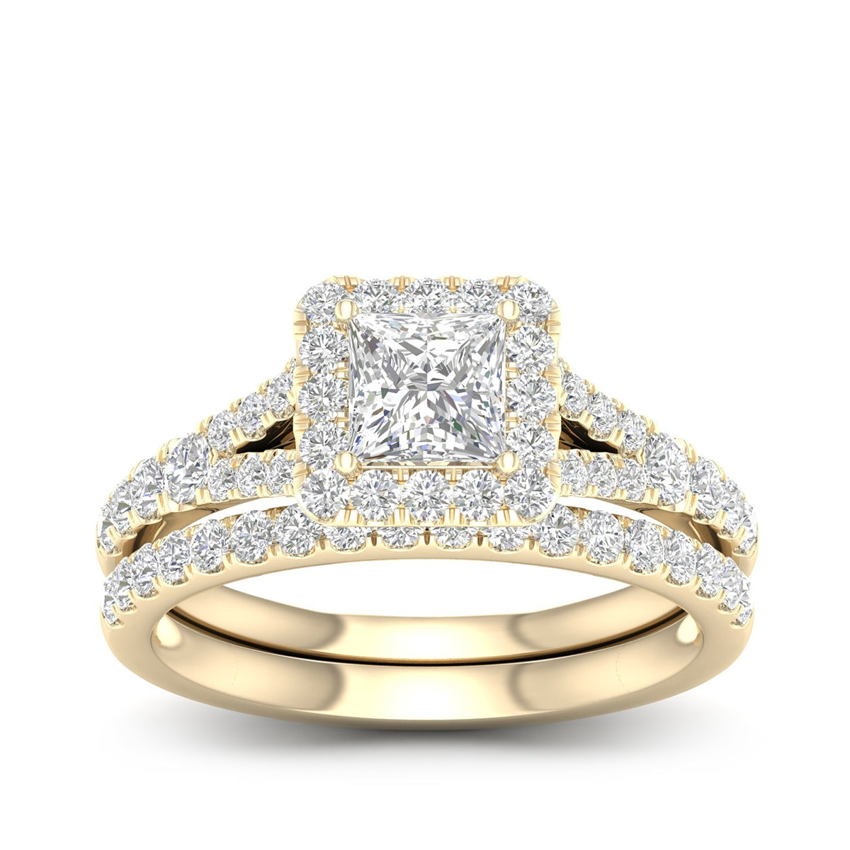 Adamante 1-3/4 ct. tw. Lab-Grown Princess Cut Diamond Halo Split Shank Wedding Set in 14K Yellow Gold
