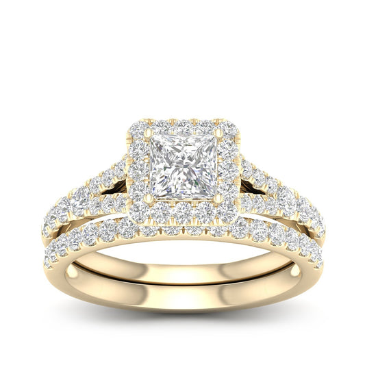 Adamante 1-3/4 ct. tw. Lab-Grown Princess Cut Diamond Halo Split Shank Wedding Set in 14K Yellow Gold