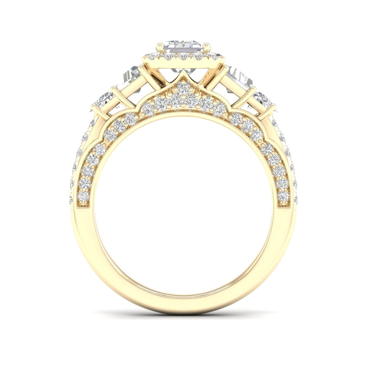 Adamante 3-1/3 ct. tw. Lab-Grown Emerald Cut Diamond Halo Engagement Ring in 14K Yellow Gold close-up detail