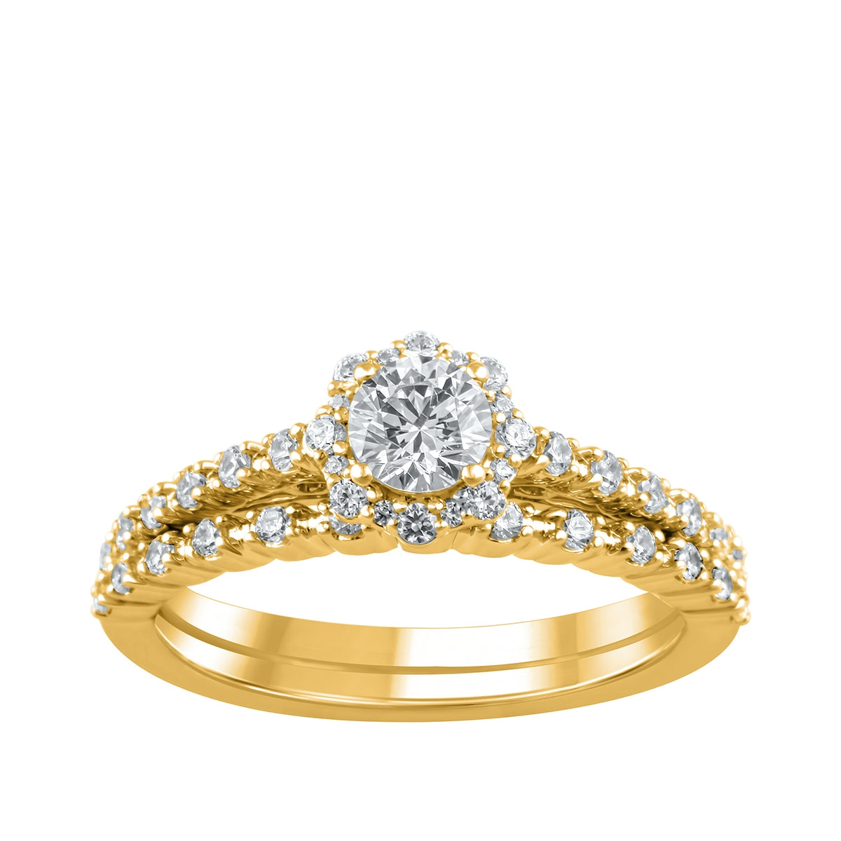 Natural 3/4 ct. tw. Round Brilliant Diamond Halo Wedding Set in 10K Yellow Gold
