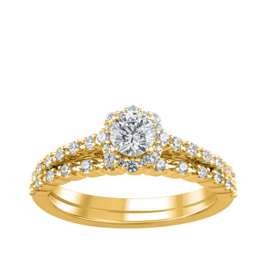 Natural 3/4 ct. tw. Round Brilliant Diamond Halo Wedding Set in 10K Yellow Gold