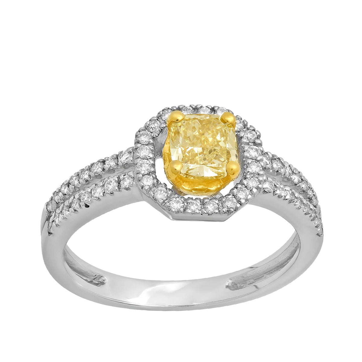 3/4 ct. tw. Cushion Yellow Diamond Floating Halo Split Shank Engagement Ring in 18K White & Yellow Gold