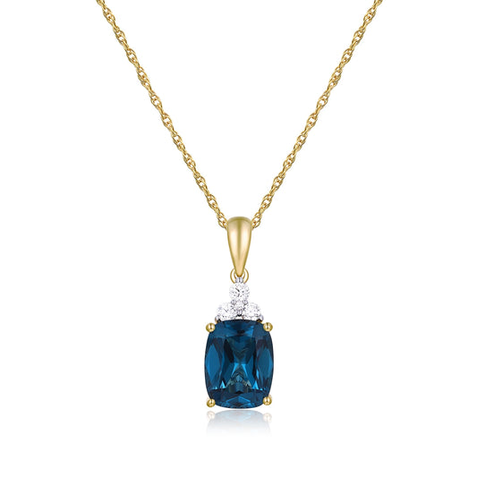 Cushion London Blue Topaz & 1/10 ct. tw. Diamond Dangle Pendant in 14K Yellow Gold