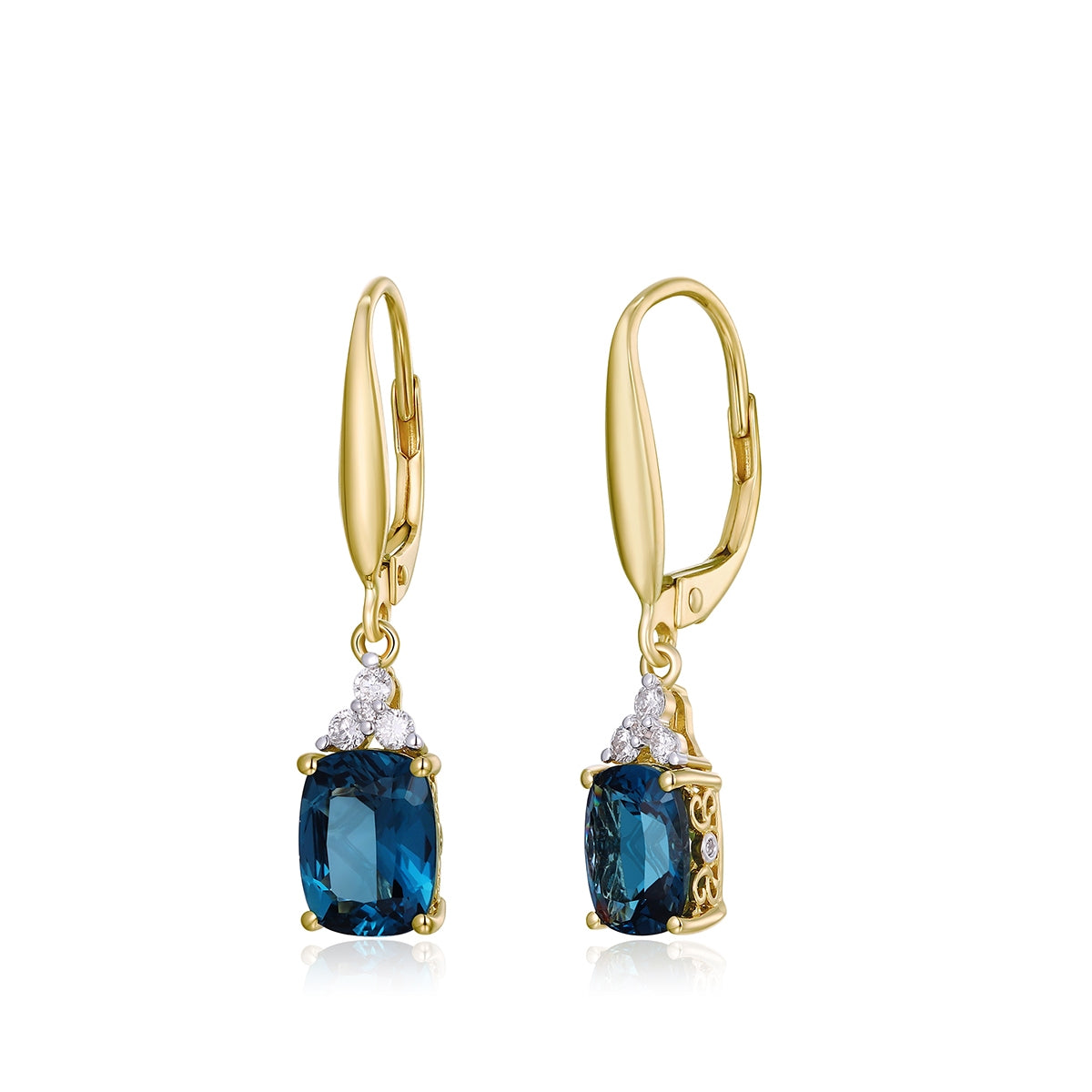 Cushion London Blue Topaz & 1/7 ct. tw. Diamond Dangle Earrings in 14K Yellow Gold