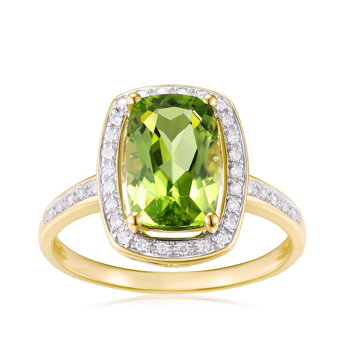 Cushion Peridot & 1/10 ct. tw. Diamond Halo Ring in 14K Yellow Gold