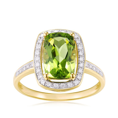 Cushion Peridot & 1/10 ct. tw. Diamond Halo Ring in 14K Yellow Gold