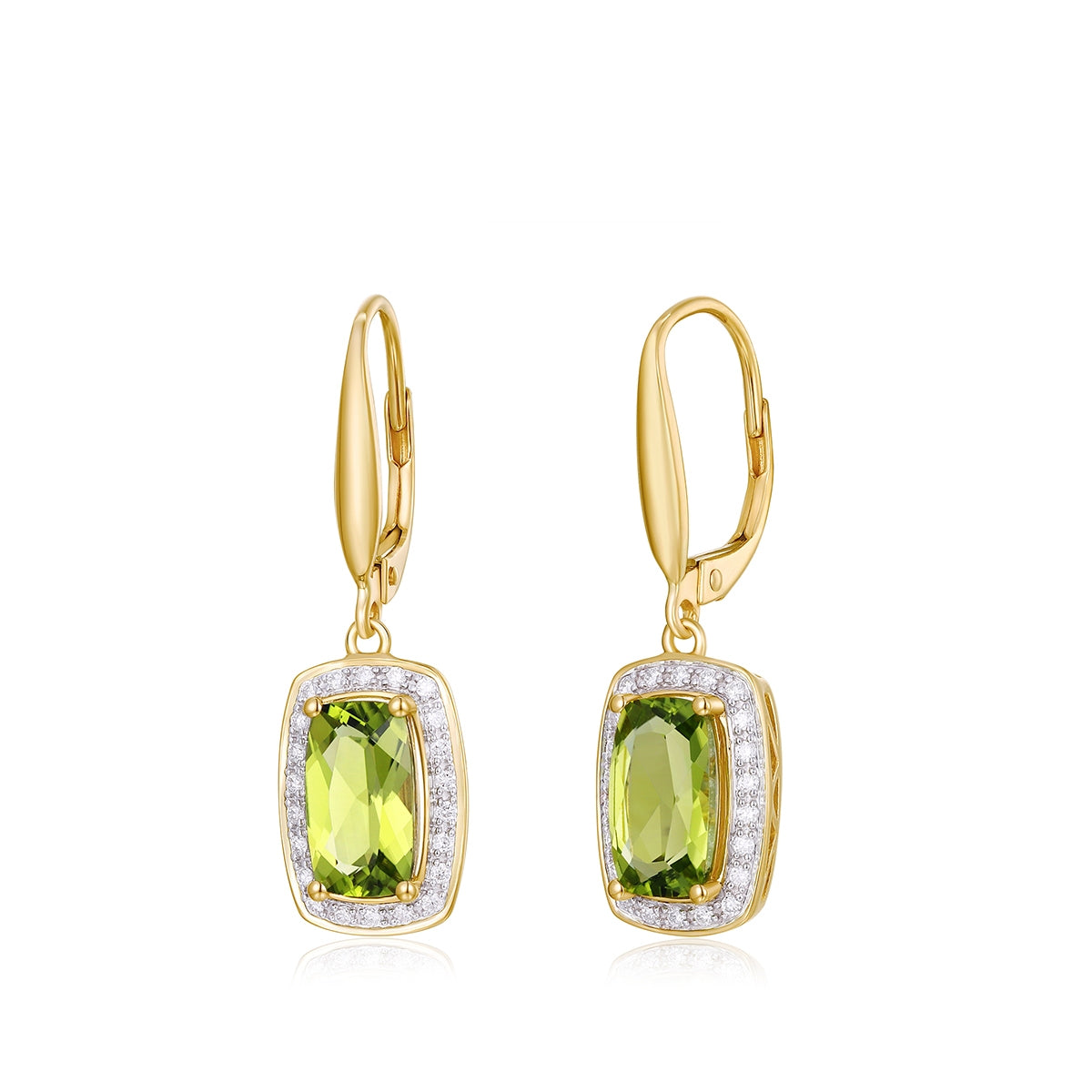 Cushion Peridot & 1/8 ct. tw. Diamond Halo Dangle Earrings in 14K Yellow Gold