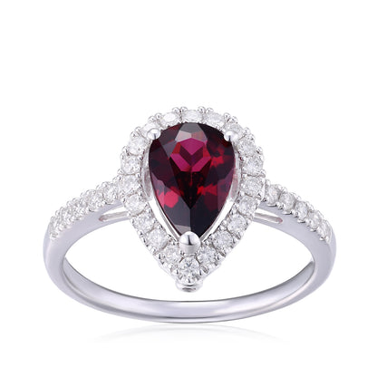 Pear Rhodolite Garnet & 1/3 ct. tw. Diamond Halo Ring in 14K White Gold