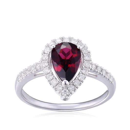 Pear Rhodolite Garnet & 1/3 ct. tw. Diamond Halo Ring in 14K White Gold