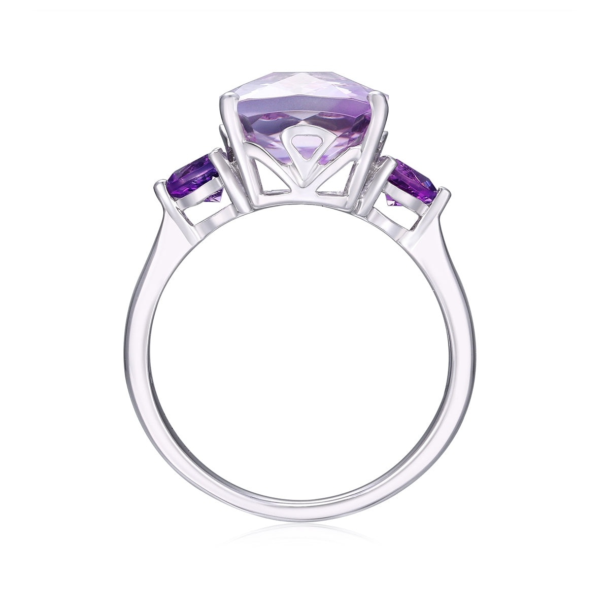 Cushion Rose De France 3-Stone Amethyst Ring in 14K White Gold front view