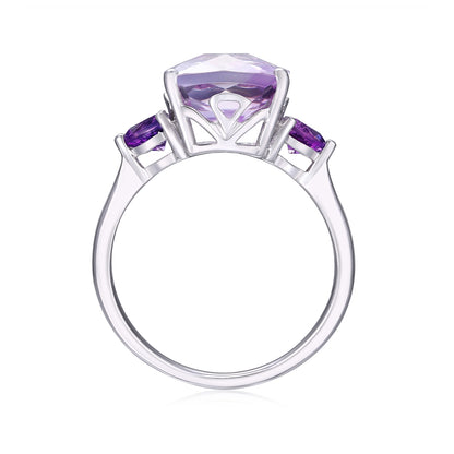 Cushion Rose De France 3-Stone Amethyst Ring in 14K White Gold front view