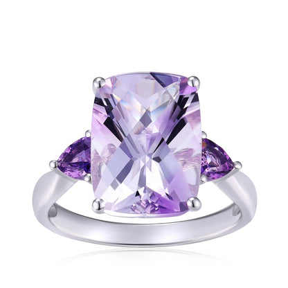Cushion Rose De France 3-Stone Amethyst Ring in 14K White Gold