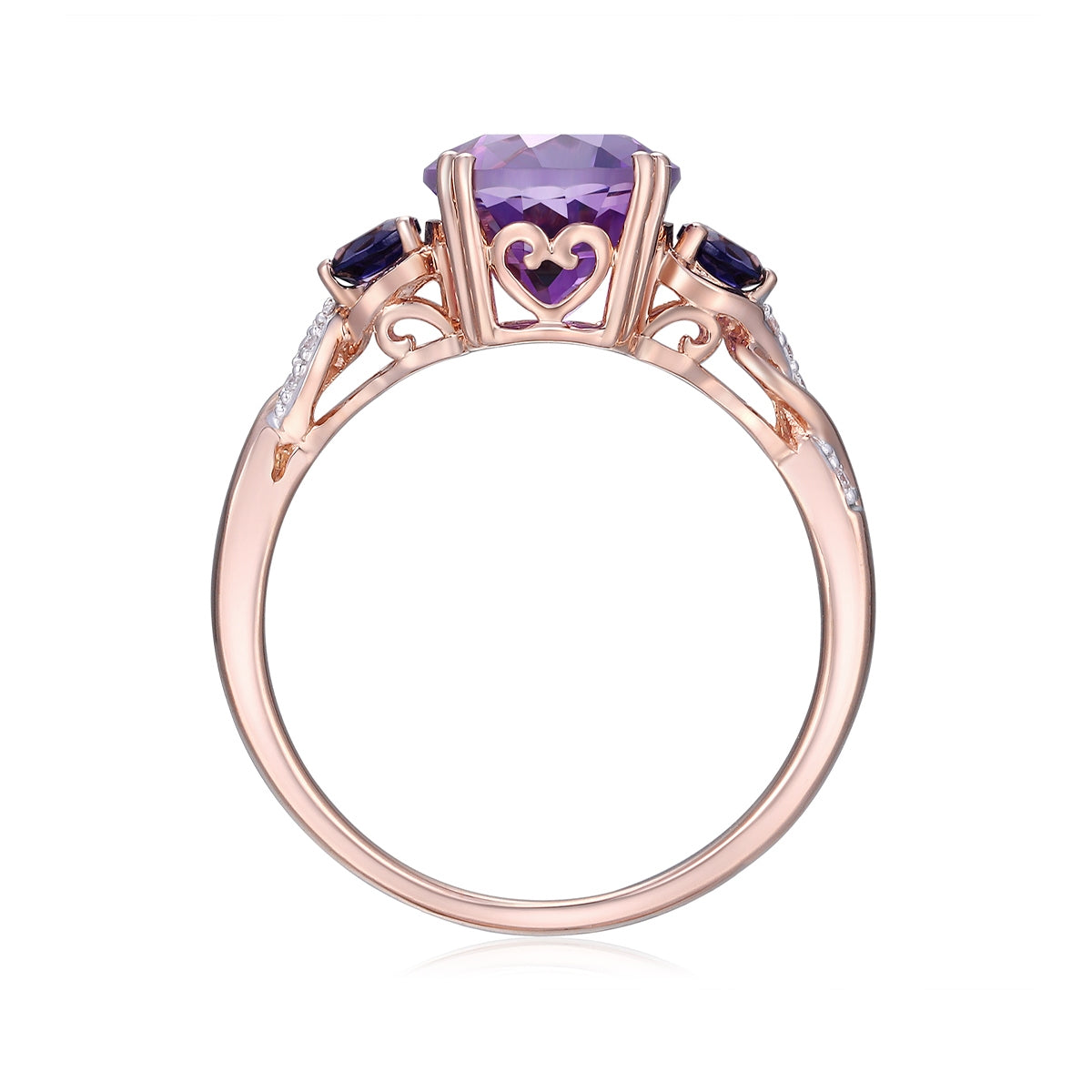 Oval Amethyst, Round Iolite, & Diamond Accent Twist Ring in 14K Pink Gold front view