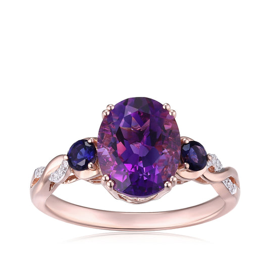 Oval Amethyst, Round Iolite, & Diamond Accent Twist Ring in 14K Pink Gold