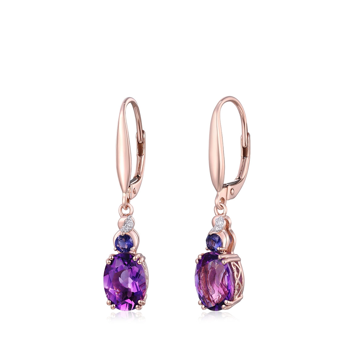 Oval Amethyst, Round Iolite, & Diamond Accent Dangle Earrings in 14K Pink Gold