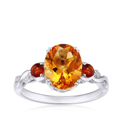 Oval Orange & Red Citrine & Diamond Accent Twist Ring in 14K White Gold
