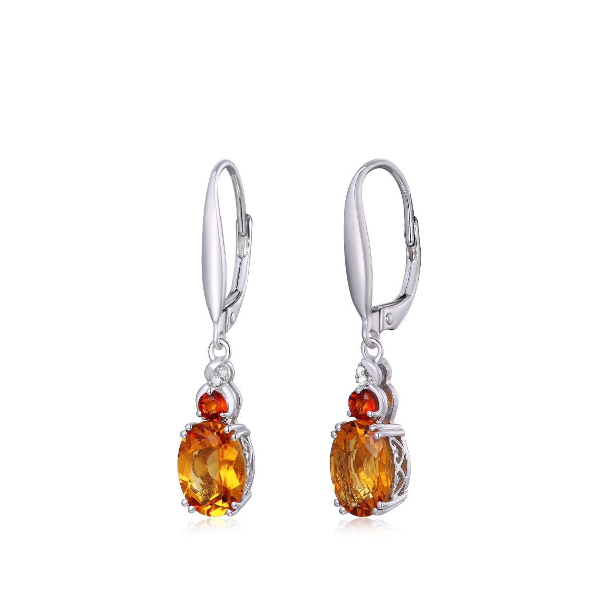 Oval Orange & Red Citrine & Diamond Accent Dangle Earrings in 14K White Gold