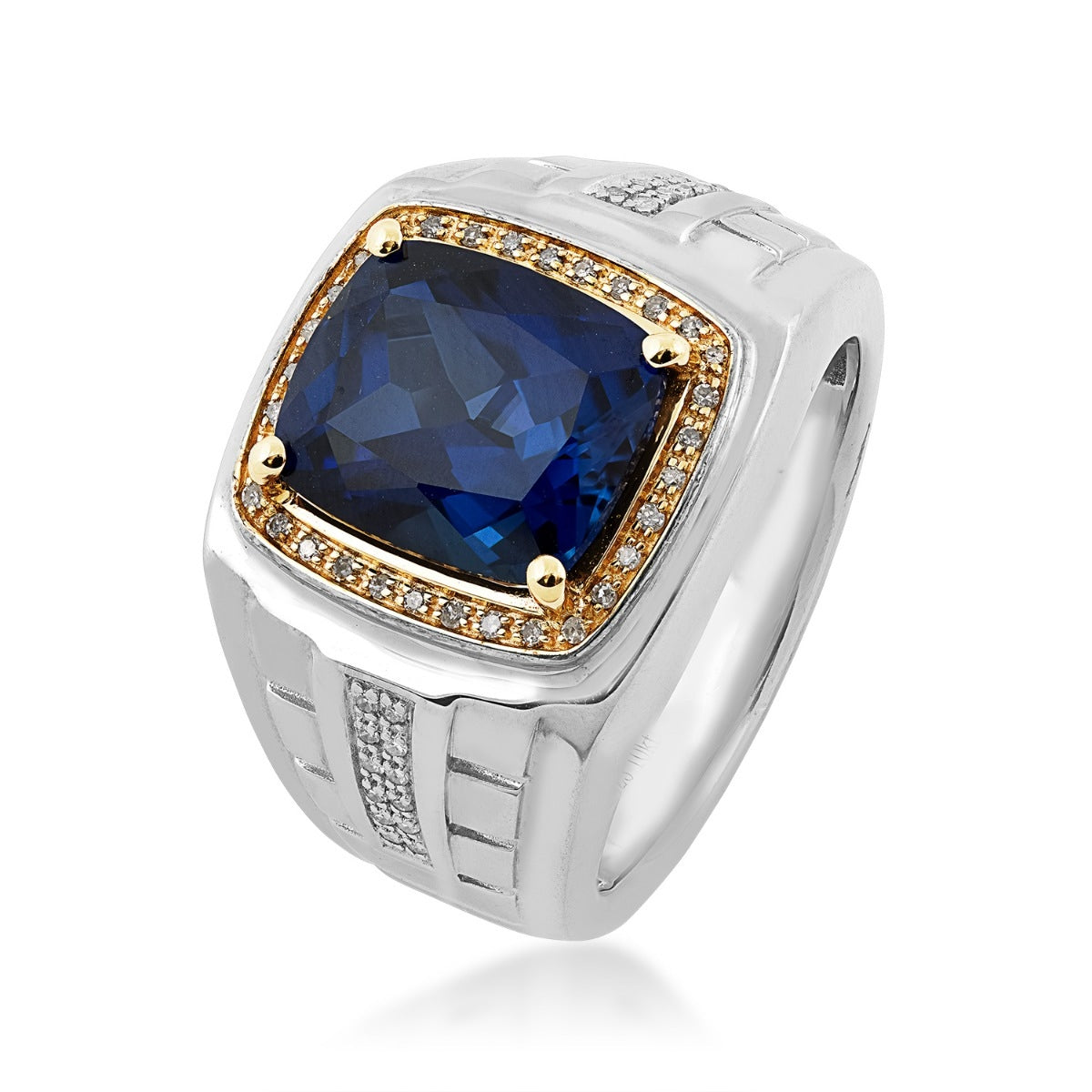 Men's Created Cushion Sapphire & 1/7 ct. tw. Diamond Halo Ring in Sterling Silver & 10K Yellow Gold front view
