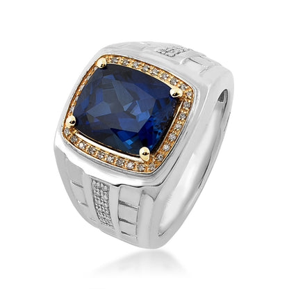Men's Created Cushion Sapphire & 1/7 ct. tw. Diamond Halo Ring in Sterling Silver & 10K Yellow Gold front view