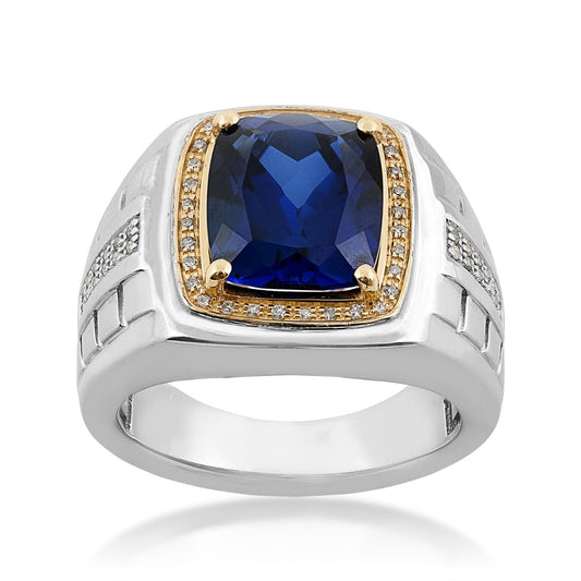 Men's Created Cushion Sapphire & 1/7 ct. tw. Diamond Halo Ring in Sterling Silver & 10K Yellow Gold