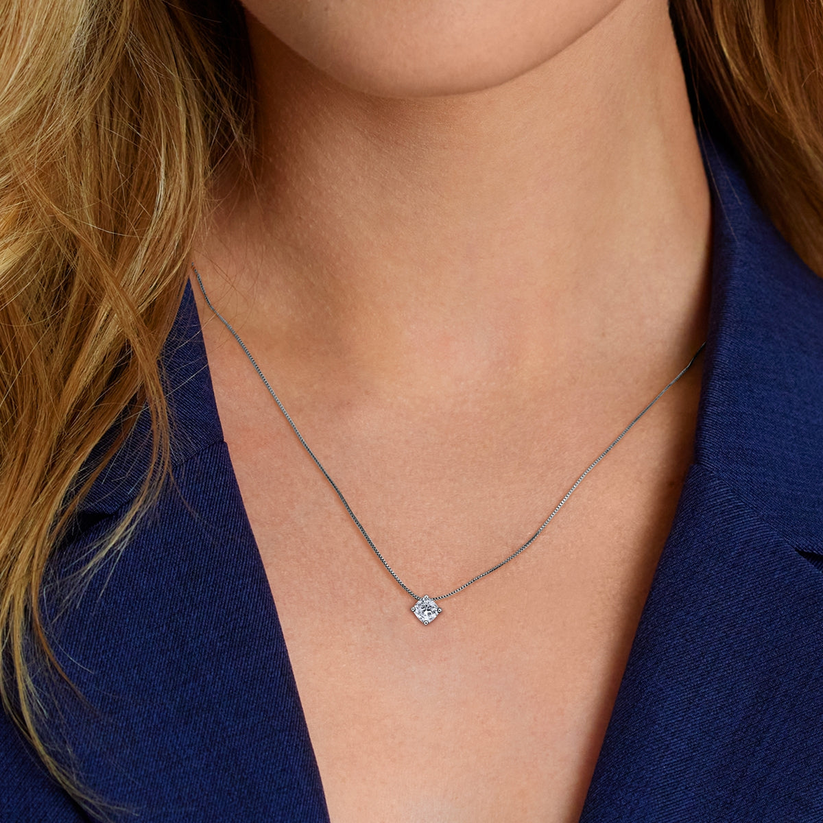 1 ct. tw. Cushion Diamond Solitaire Pendant in 14K White Gold close-up detail