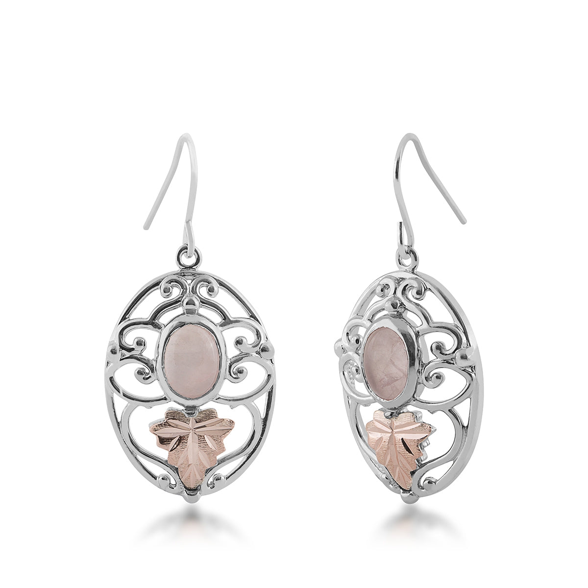Black Hills Gold Oval Rose Quartz Open Dangle Earrings in Sterling Silver